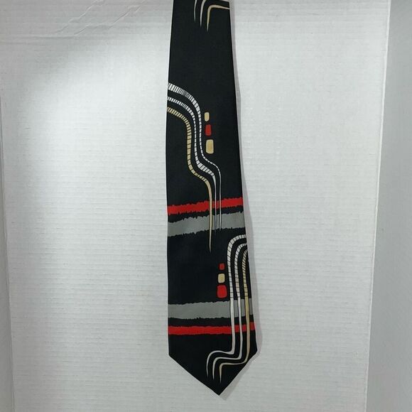 VTG Marshall Field & Company Mens Geometric Print Neck Tie Black Red Gray Yellow - Picture 1 of 10